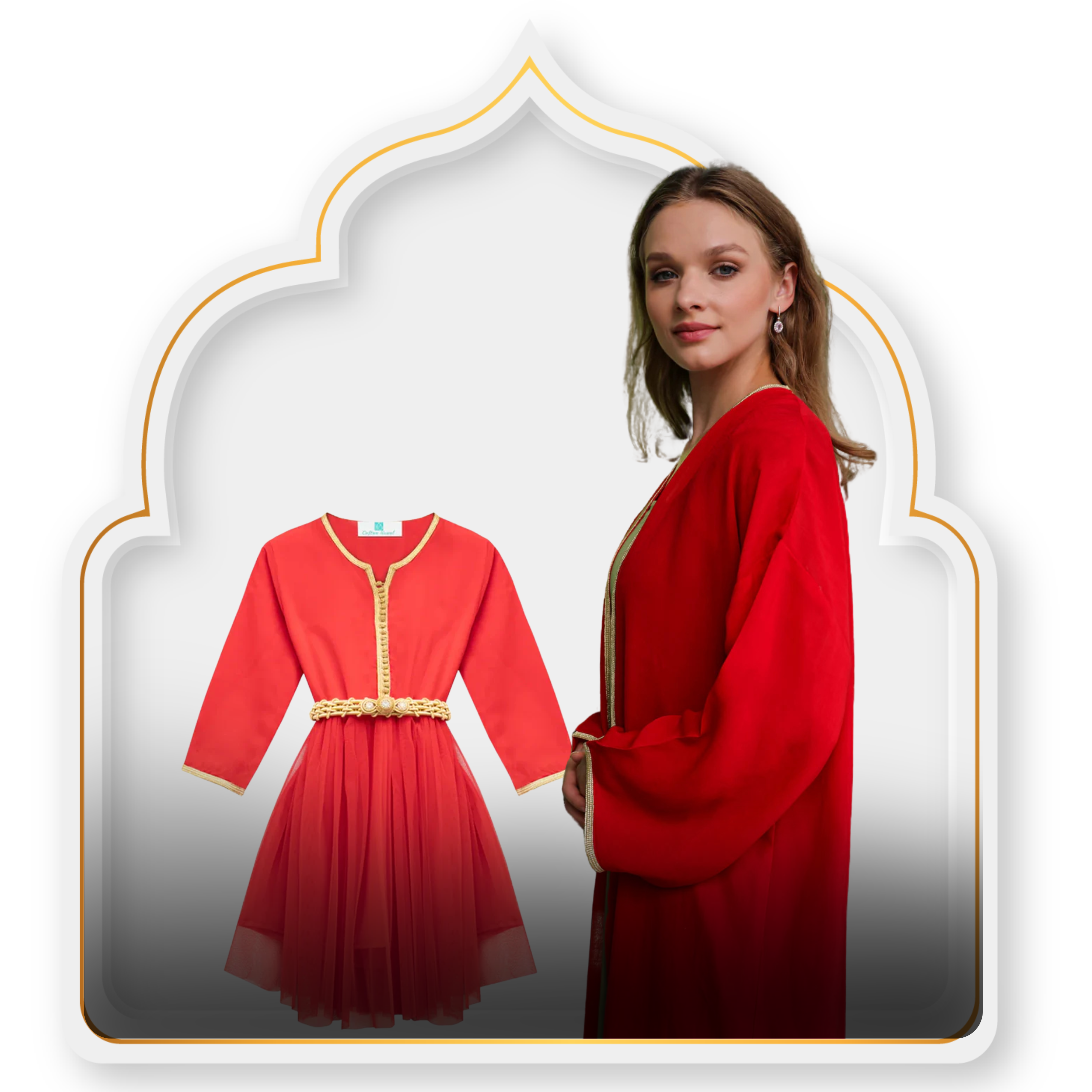 Caftan et Kimono Mère et Fille en Rouge — Haute Couture Marocaine Orabeldi
