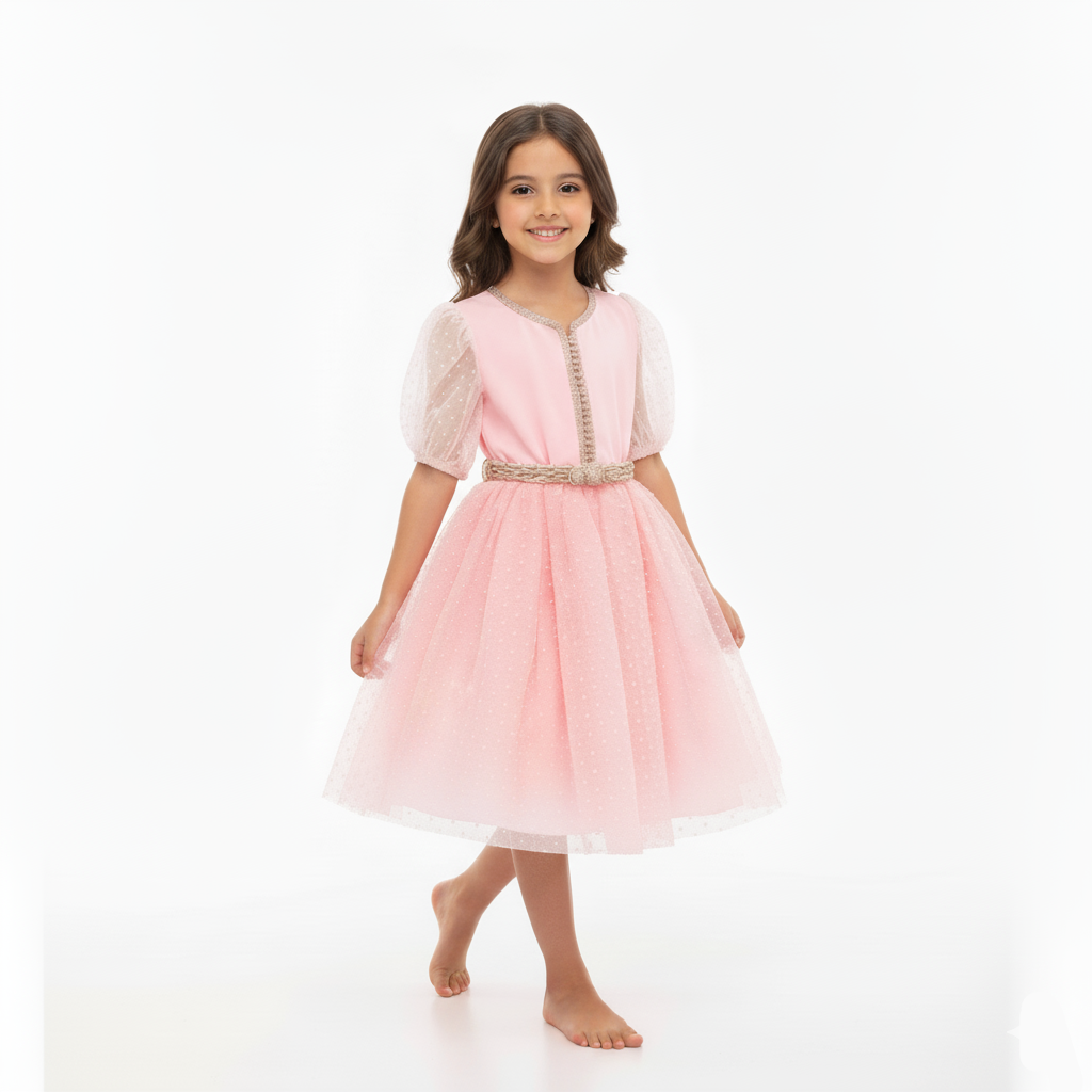 Caftan - Rose à pois pour fille — Haute Couture Marocaine Orabeldi
