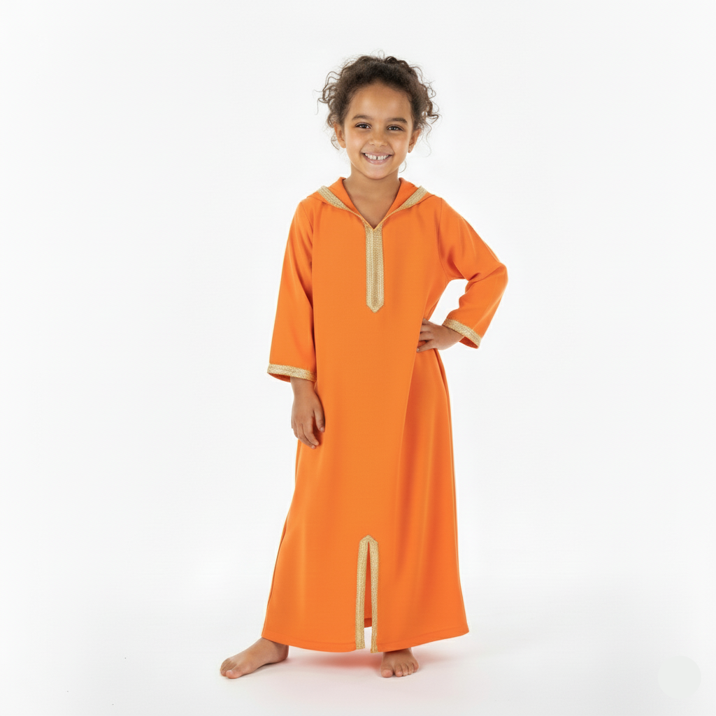 Jellaba Orange mango pour fille — Haute Couture Marocaine Orabeldi